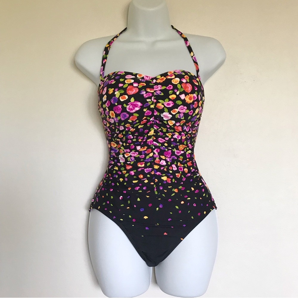 Anne Cole Women’s Floral Shirred Bandeau One-Piece Halter Strap Swimsuit Size 8 - Picture 1 of 13